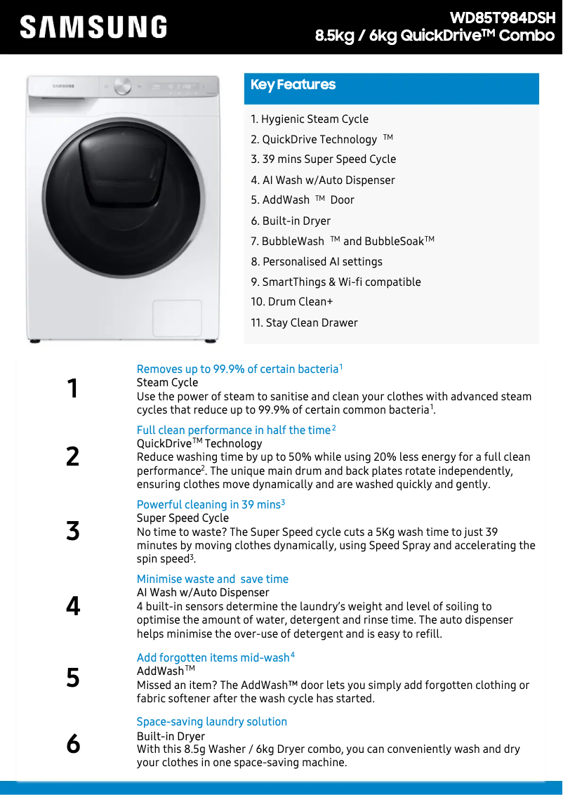 Page 1 de la notice Fiche technique Samsung WD85T984DSH
