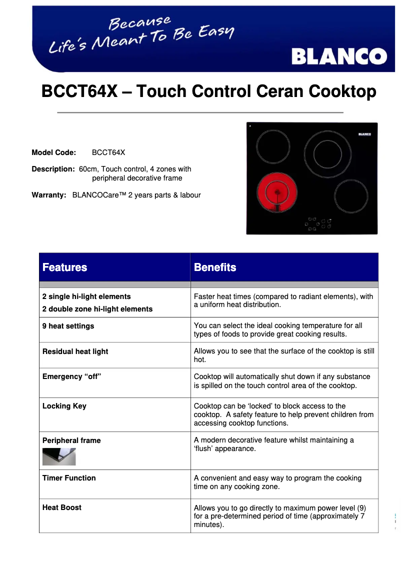 Page 1 de la notice Fiche technique BLANCO BCCT64X