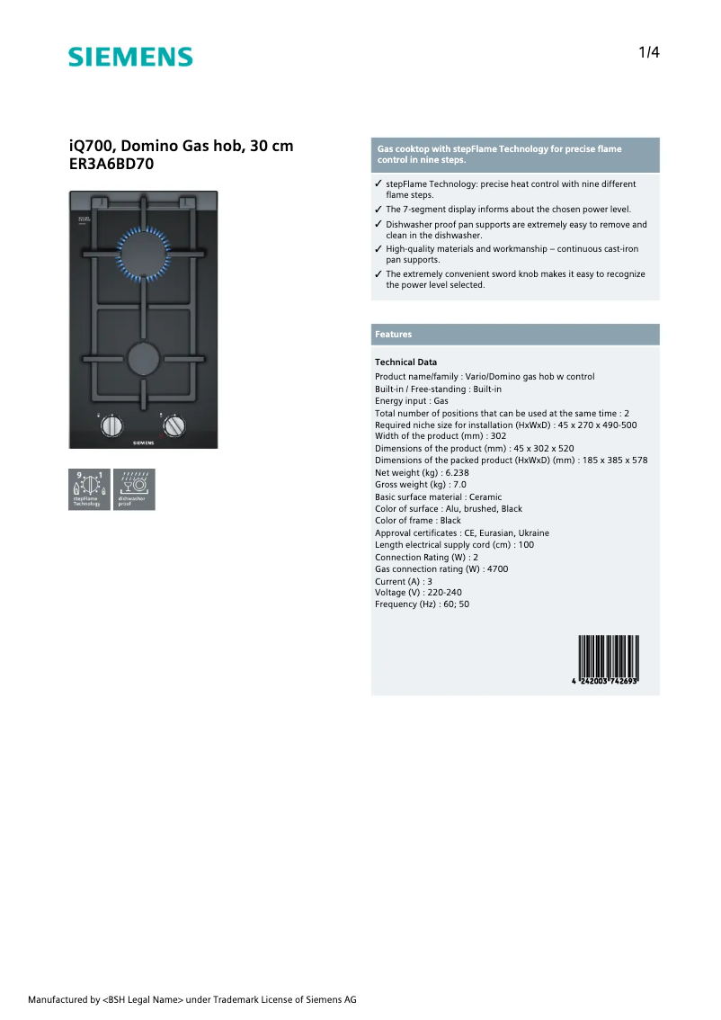 Página 1 del manual Ficha técnica Siemens ER3A6BD70