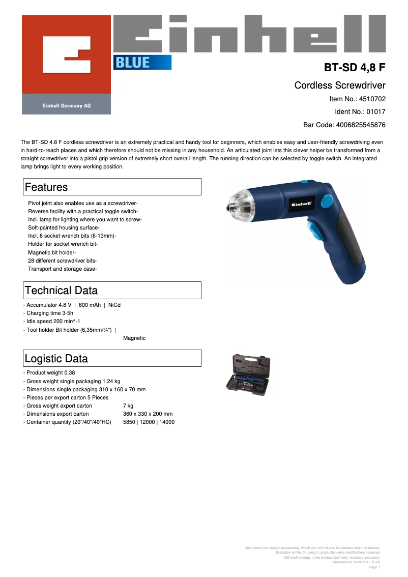 Page 1 de la notice Manuel utilisateur Einhell BT-SD 4,8