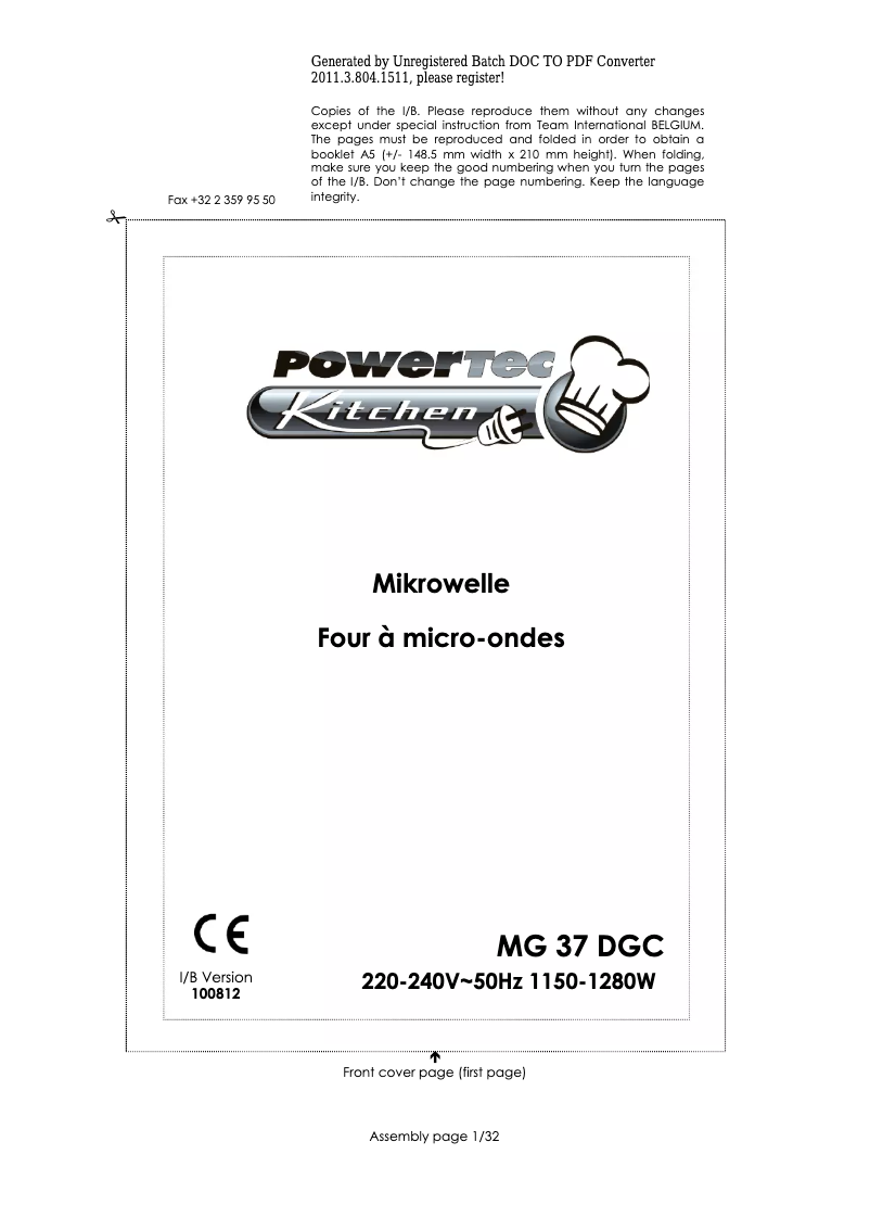 Page 1 de la notice Manuel utilisateur Powertec MG 37 DGC