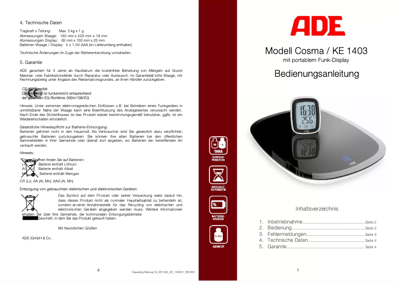 Image de la première page du manuel de l'appareil Cosma KE 1403