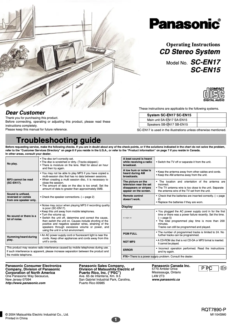 Page 1 de la notice Manuel utilisateur Panasonic SC-EN15