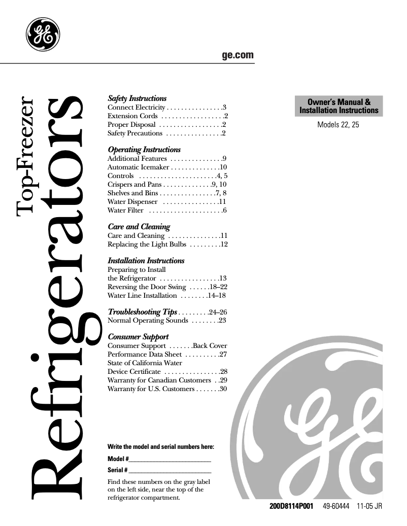 Page 1 de la notice Guide d'installation GE GTS22KCPBB