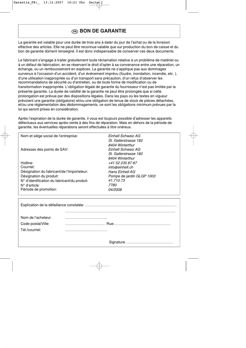 Page n°1 - Manuel utilisateur Gardenline GLGP 1003