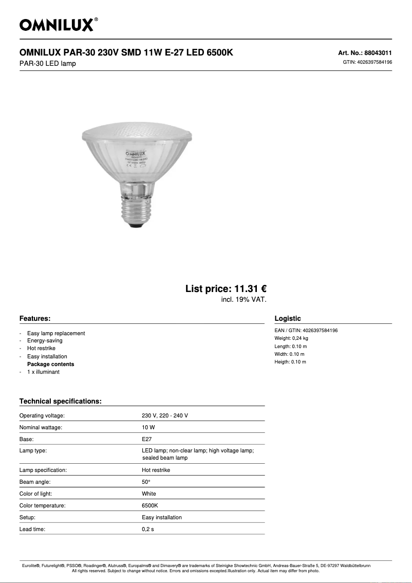 Page 1 de la notice Fiche technique Omnilux PAR-30