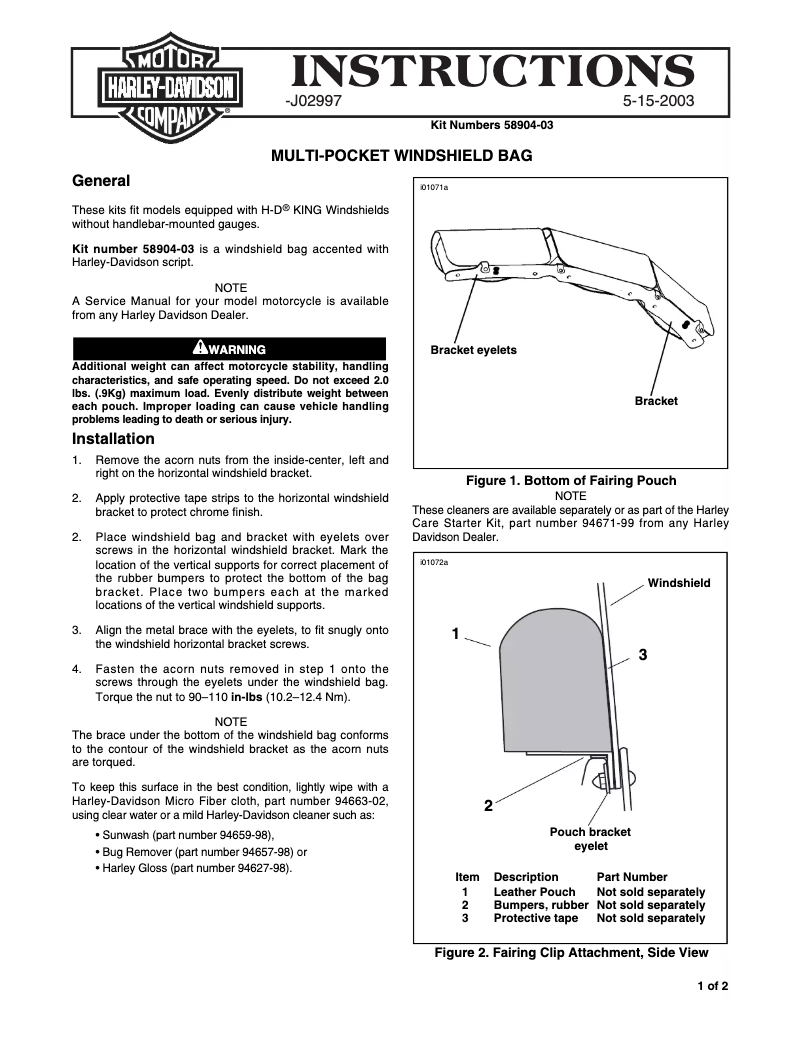 Page 1 de la notice Manuel utilisateur Harley-Davidson J02997 (2003)