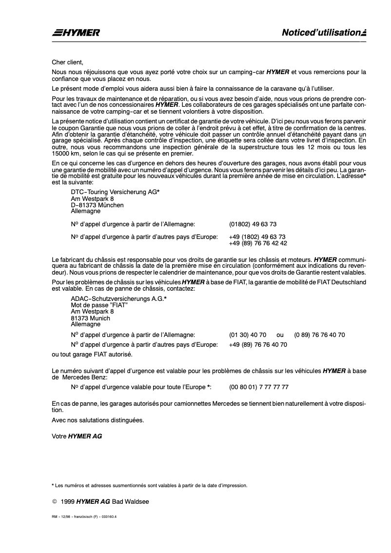 Page 1 de la notice Manuel utilisateur Hymer B684 (1999)
