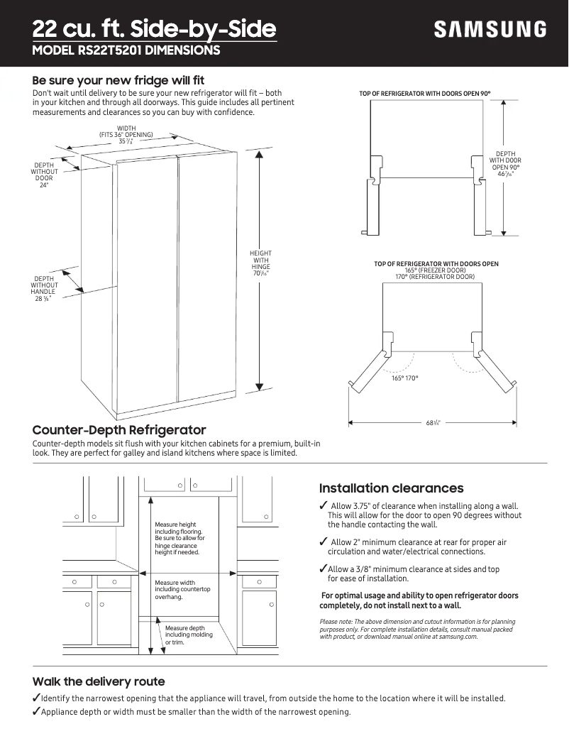 Page 1 de la notice Guide de mesure Samsung RS22T5201SR/AA
