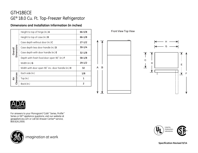 Page 1 de la notice Fiche technique GE GTH18ECEBB
