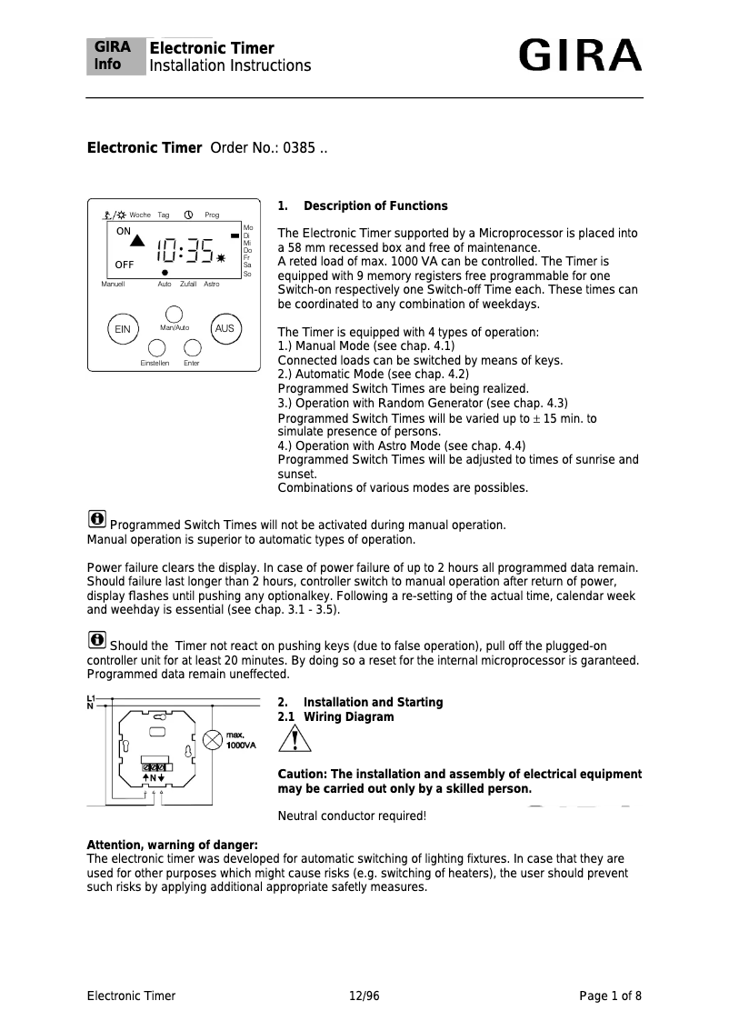 Page 1 de la notice Manuel utilisateur Gira 0385