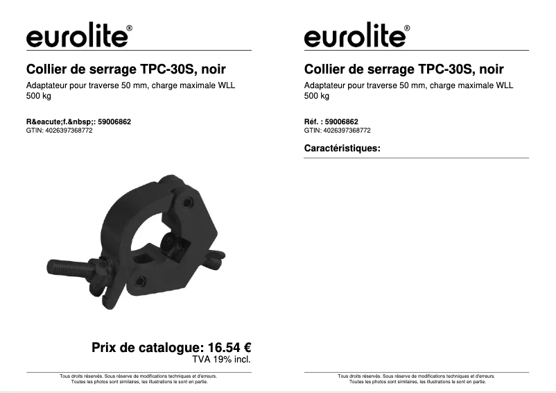 Page 1 de la notice Fiche technique Eurolite TPC-30S