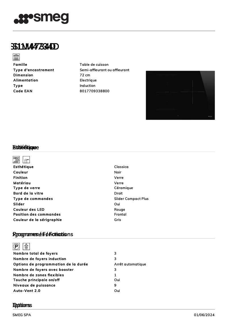 Page n°1 - Fiche technique Smeg SI1M4734D