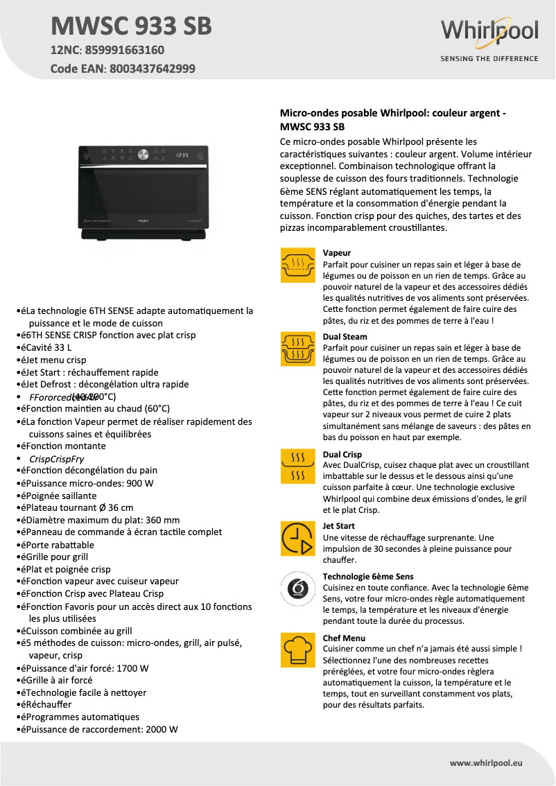 Page n°1 - Manuel utilisateur Whirlpool MWSC 933 SB