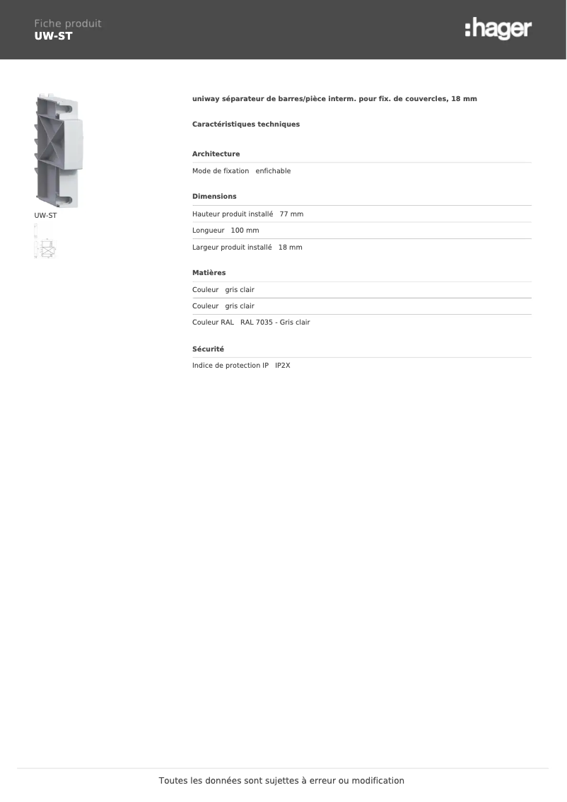 Page 1 de la notice Manuel utilisateur Hager UW-ST