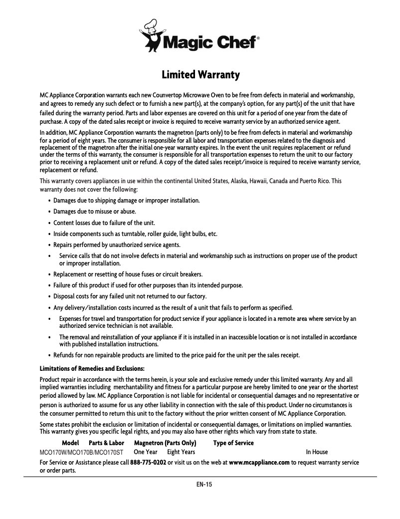 Image de la première page du manuel de l'appareil MCO170W