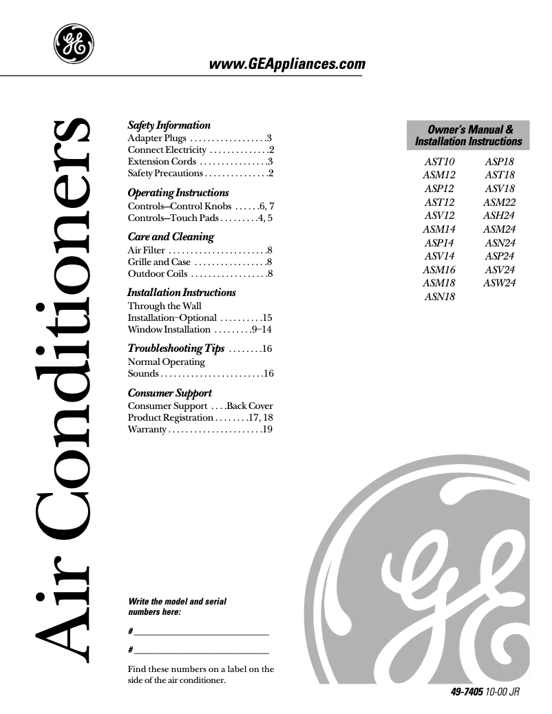 Page 1 de la notice Guide d'installation GE ASV12AB