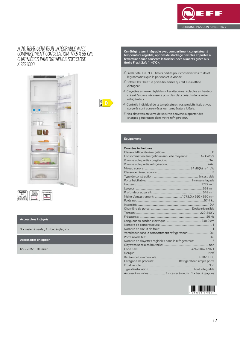 Page 1 de la notice Fiche technique Neff KI2823DD0