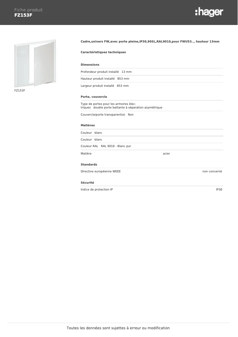 Page 1 de la notice Manuel utilisateur Hager FZ153F