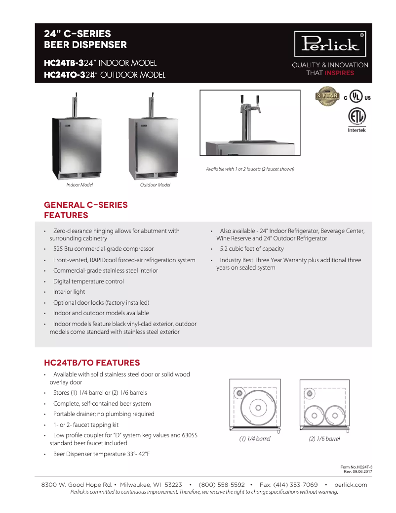 Page 1 de la notice Fiche technique Perlick HC24TB-3-2L2