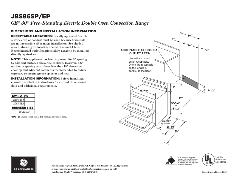 Page 1 of the manual Technical Sheet GE JBS86EPES