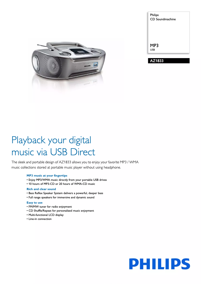 Page 1 de la notice Brochure Philips AZ1833