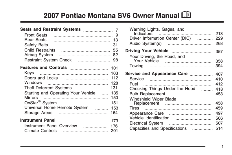 Page n°1 - Manuel utilisateur Pontiac Montana SV6 (2007)