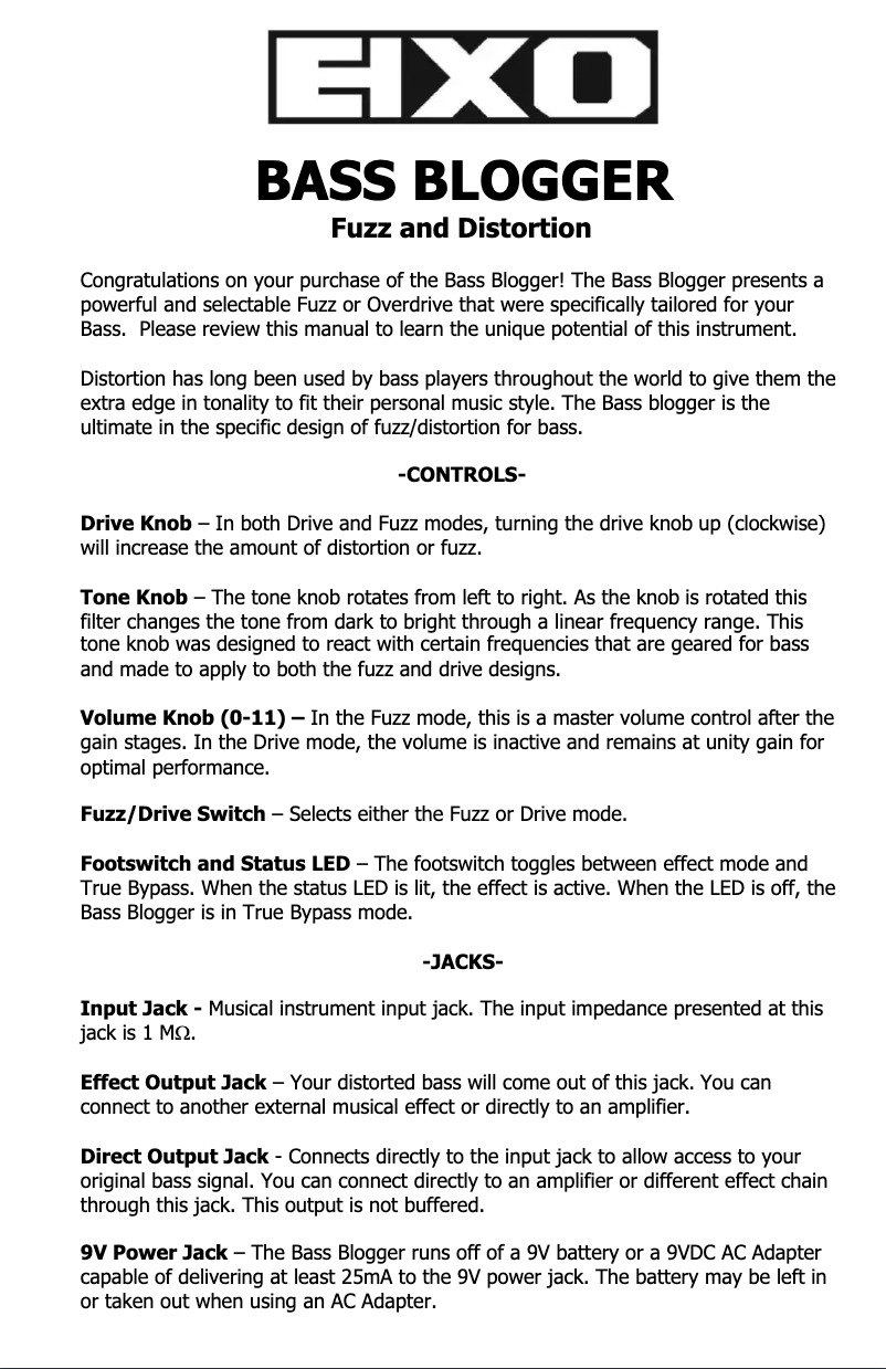 Page n°1 - Manuel utilisateur Electro Harmonix Bass Blogger