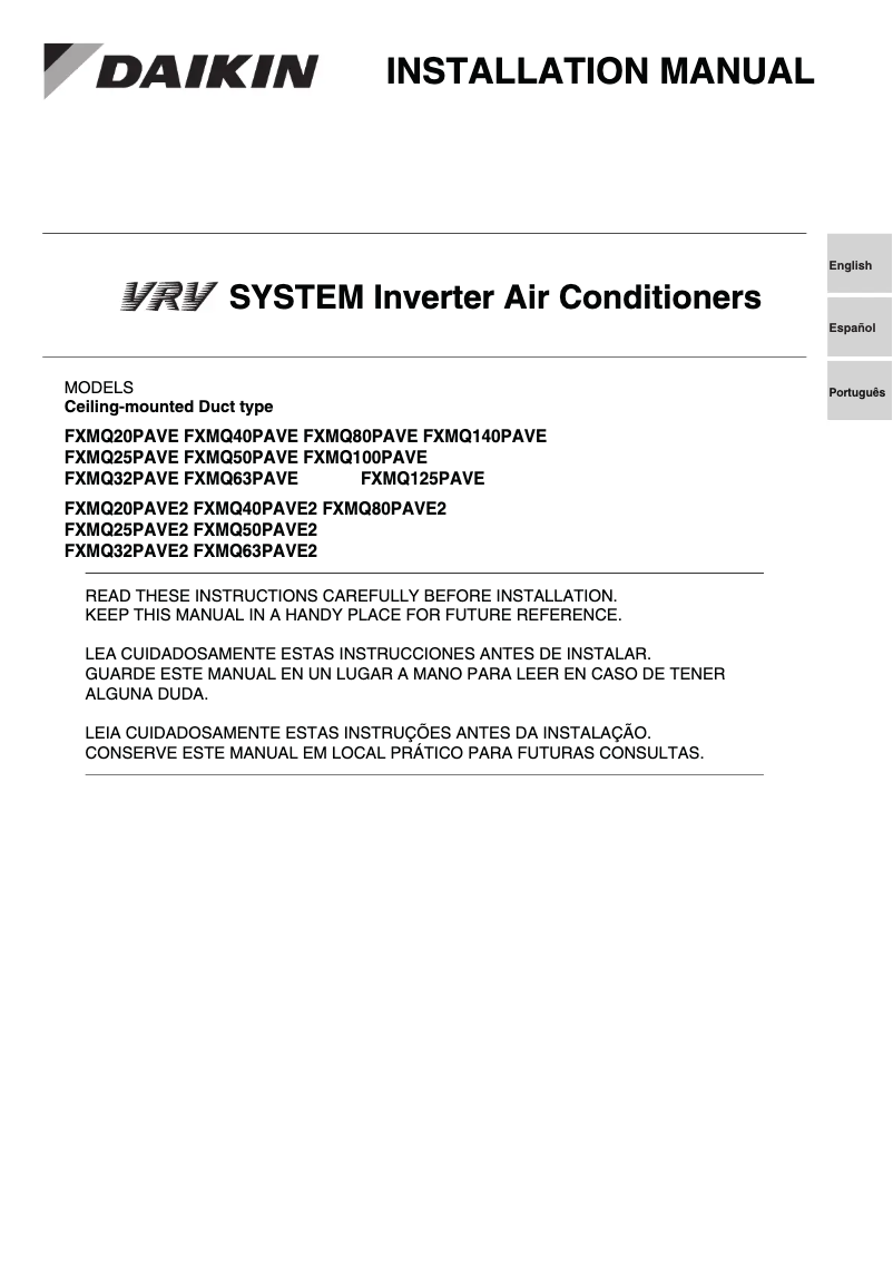 Página 1 del manual Guía de instalación Daikin FXMQ140PAVE