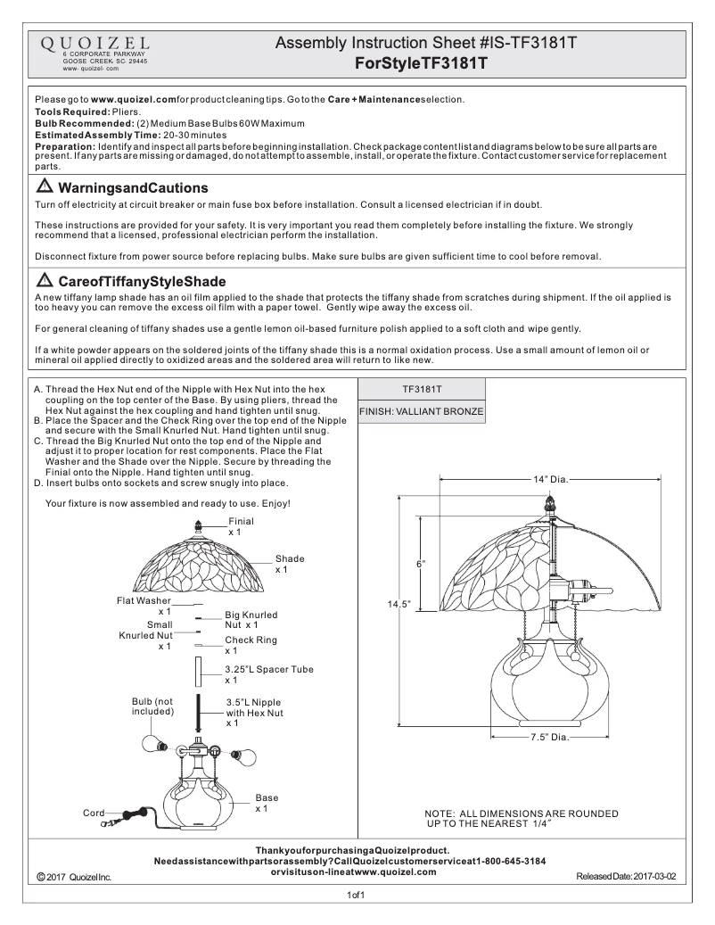 Page n°1 - Manuel utilisateur Quoizel Tiffany TF3181T