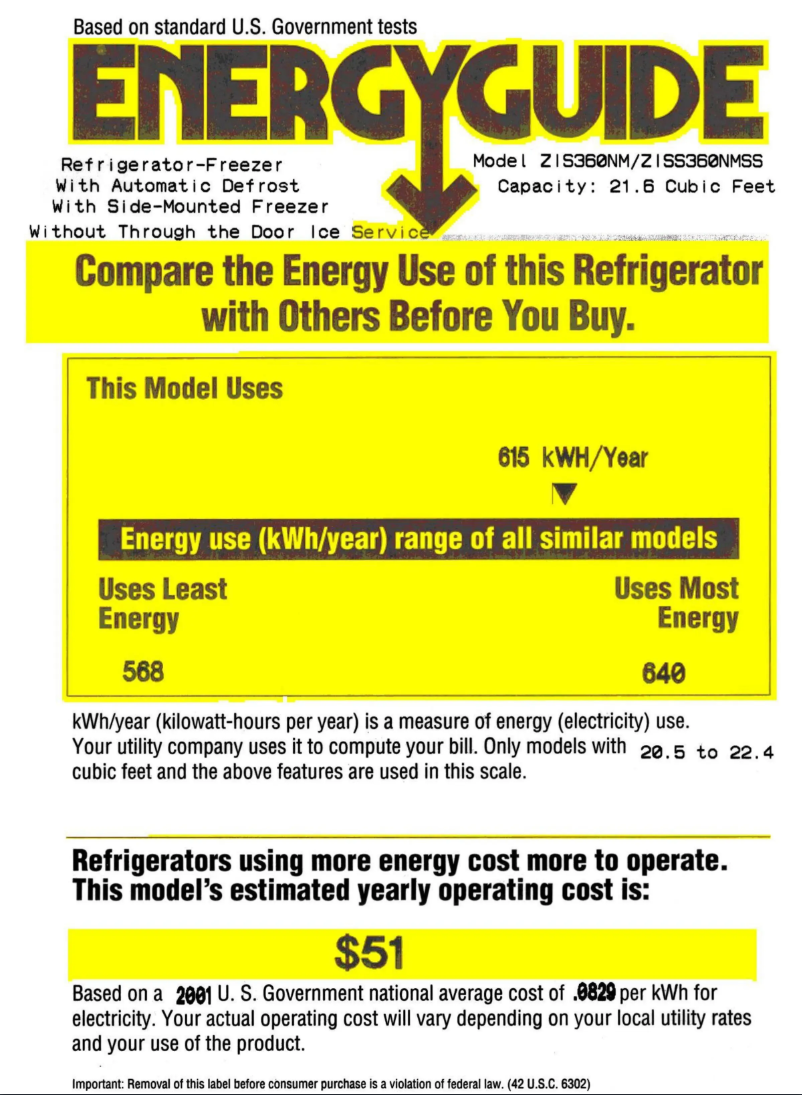 Page 1 de la notice Label énergétique GE ZIS360NM