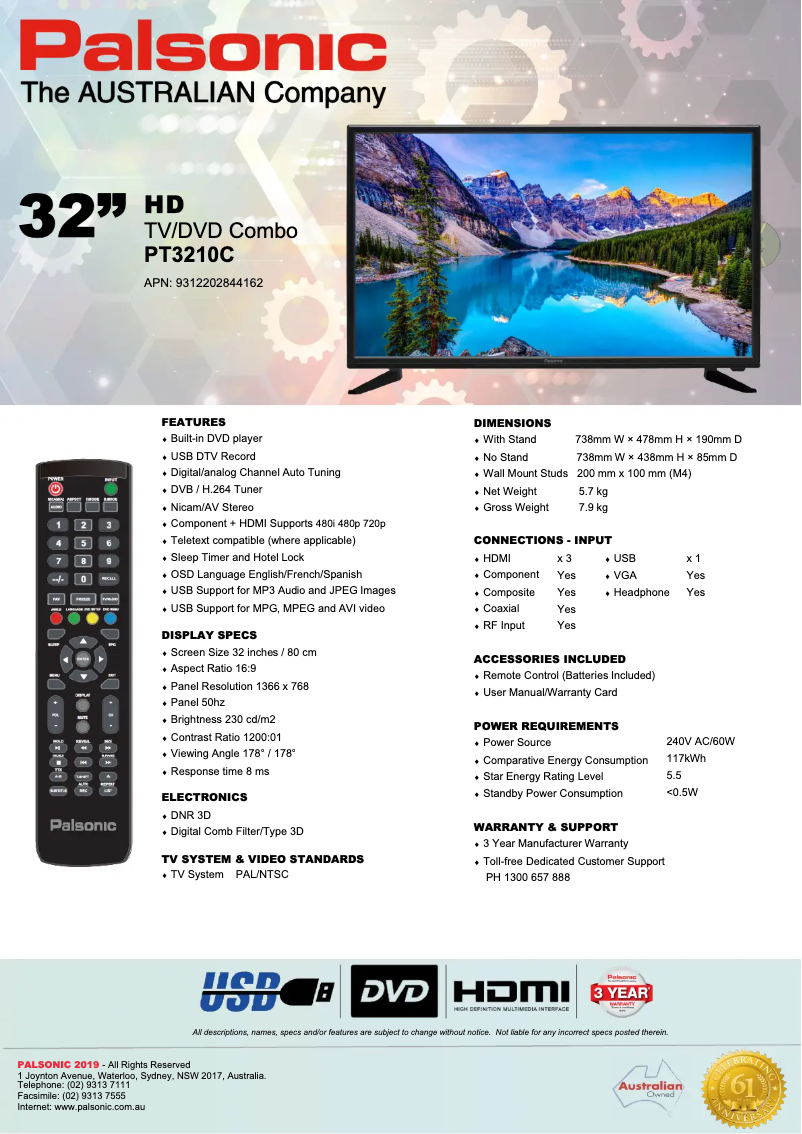 Page n°1 - Fiche technique Palsonic PT3210C