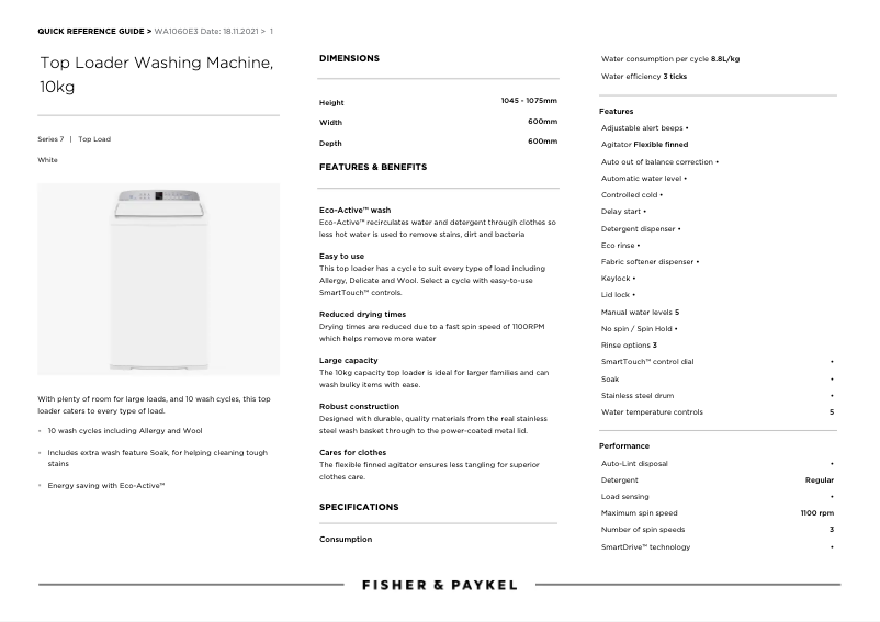 Page 1 of the manual User Manual Fisher & Paykel WA1060E3
