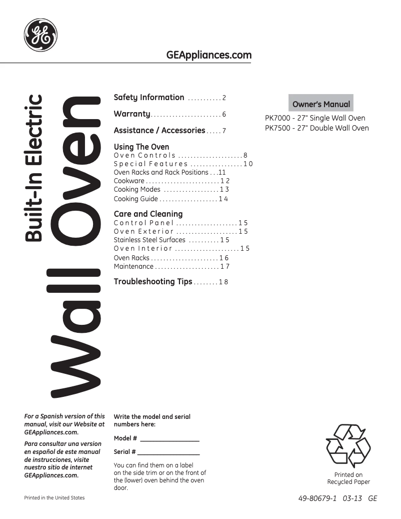 Page n°1 - Manuel d'utilisation et d'entretien GE PK7000DFWW
