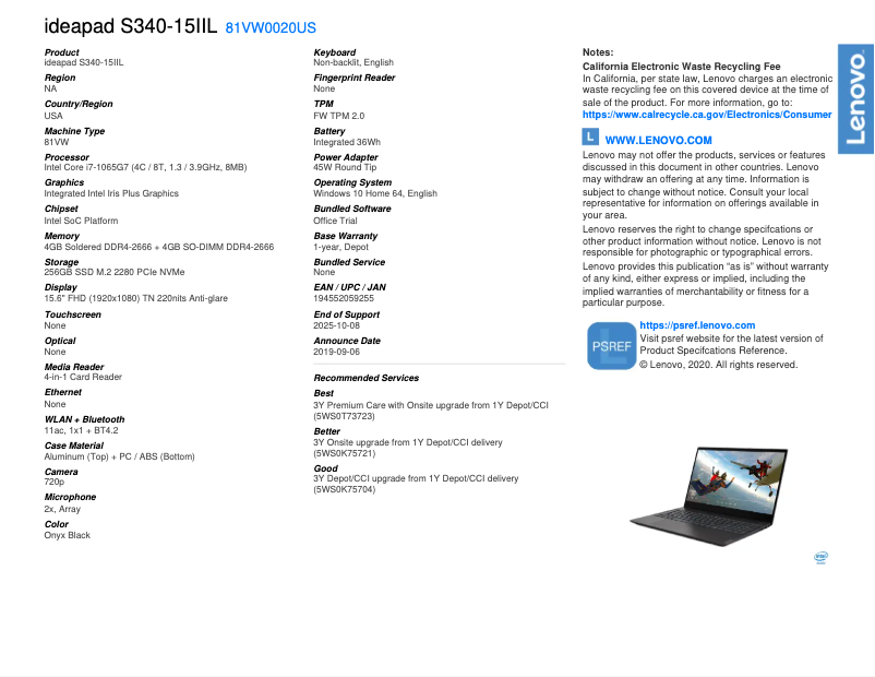 Page 1 de la notice Fiche technique Lenovo IdeaPad S340