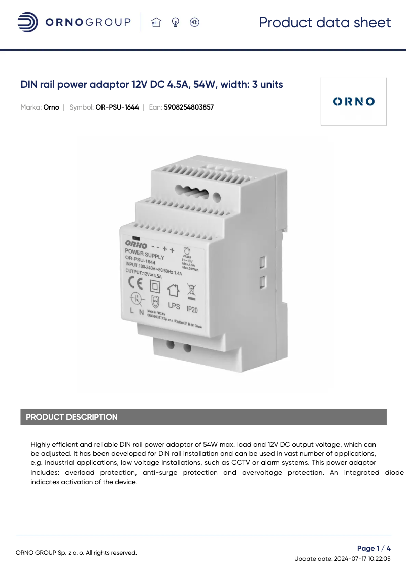 Page n°1 - Fiche technique ORNO OR-PSU-1644