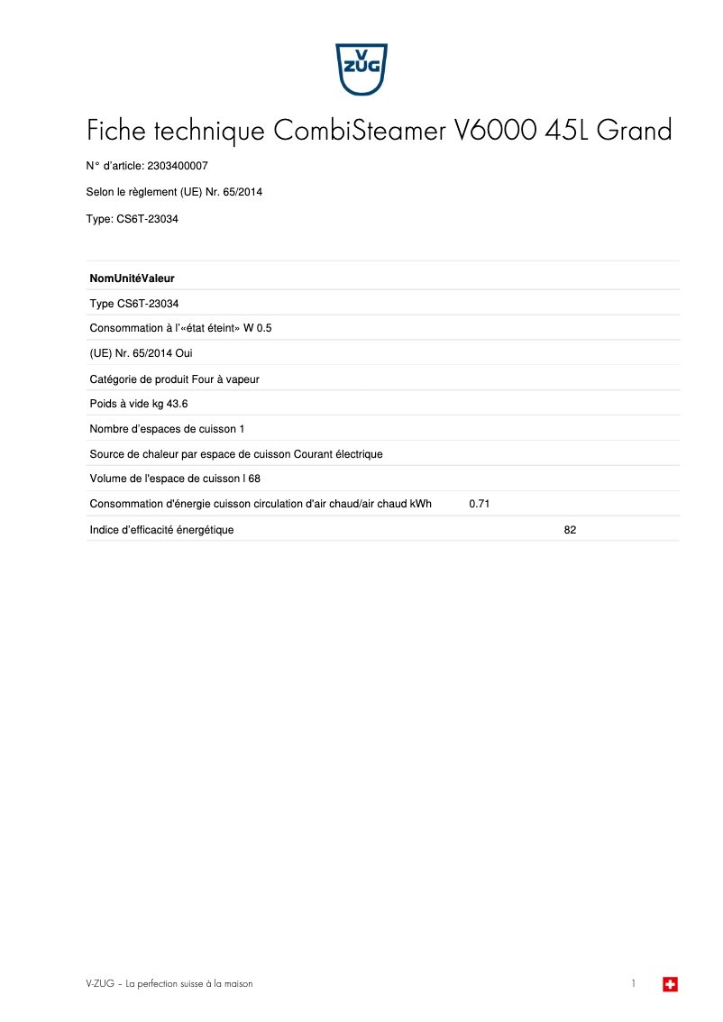 Page 1 de la notice Fiche technique V-Zug CombiSteamer V6000 45L Grand