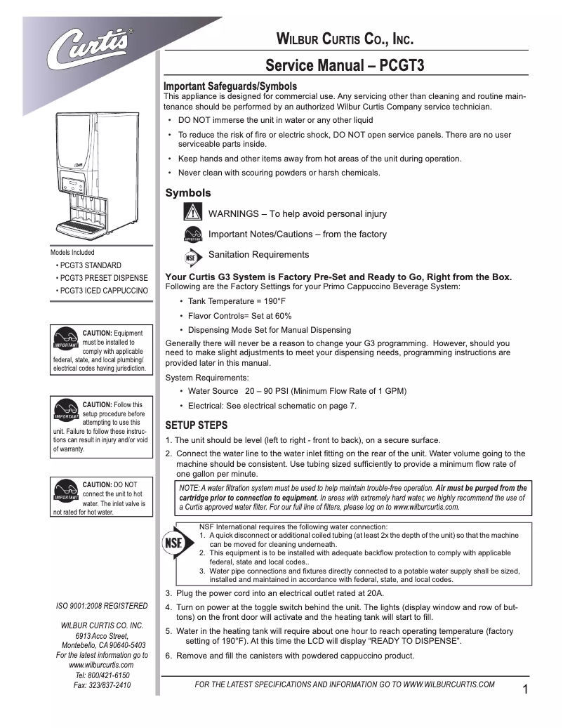 Page n°1 - Manuel utilisateur Wilbur Curtis PCGT3