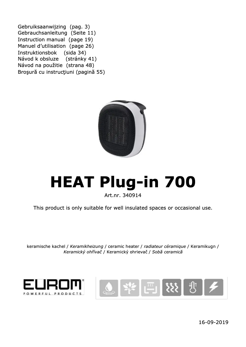 Page 1 de la notice Manuel utilisateur Eurom Heat Plug-in 700