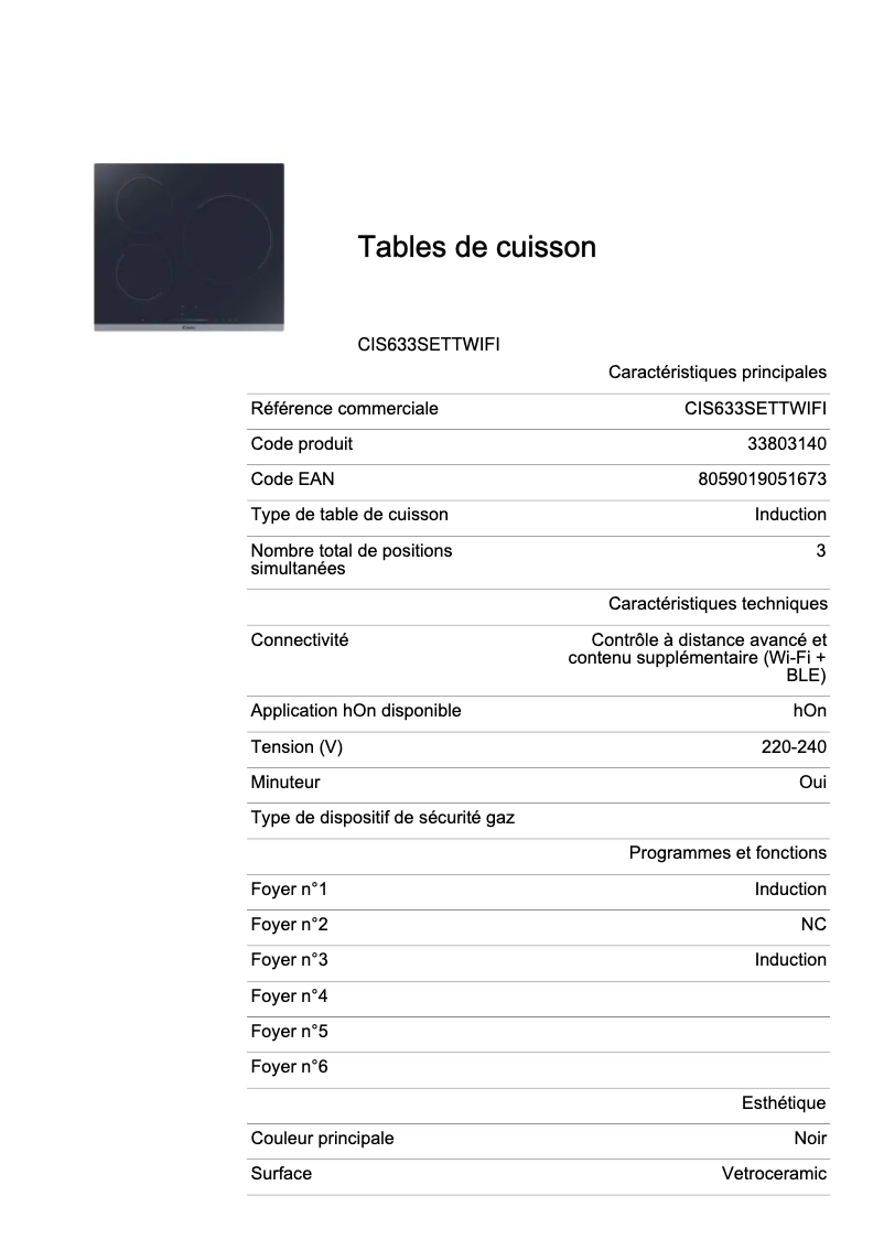 Page n°1 - Fiche technique Candy CIS633SETTWIFI