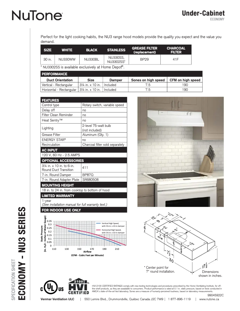 Page 1 de la notice Fiche technique NuTone NU330BL