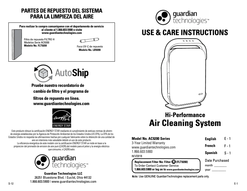 Page n°1 - Manuel utilisateur GermGuardian AC9200WCA