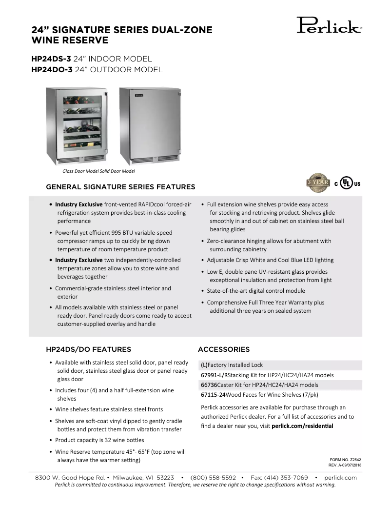 Page n°1 - Fiche technique Perlick Signature Series HP24DS-3-4R