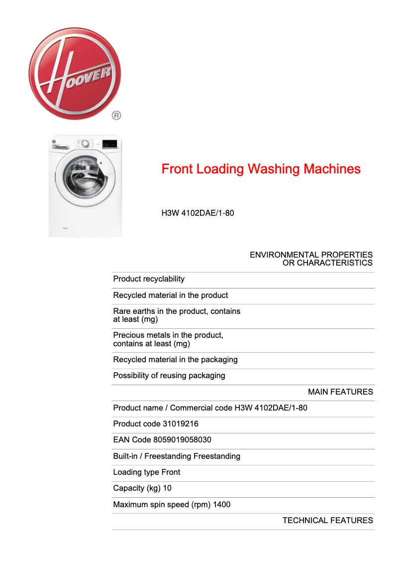 Page n°1 - Fiche technique Hoover H3W 4102DAE/1-80