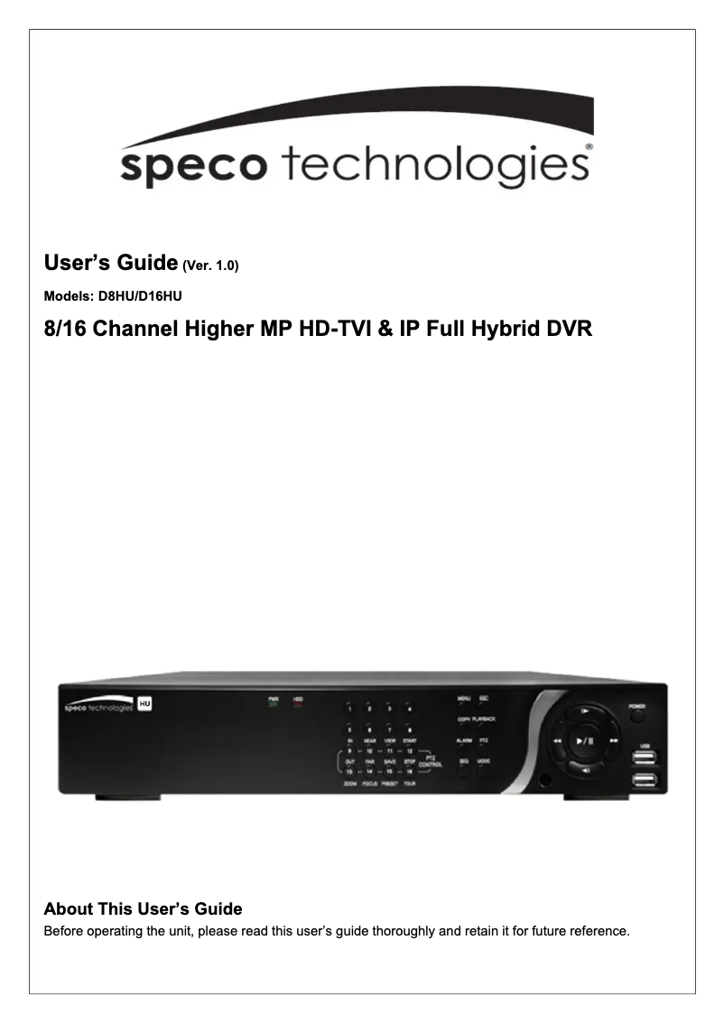 Page n°1 - Manuel utilisateur Speco Technologies D8WHUM