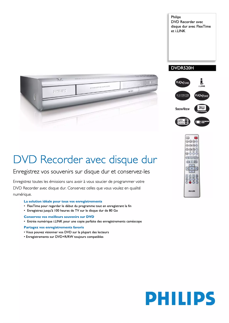 Page 1 de la notice Fiche technique Philips DVDR520H