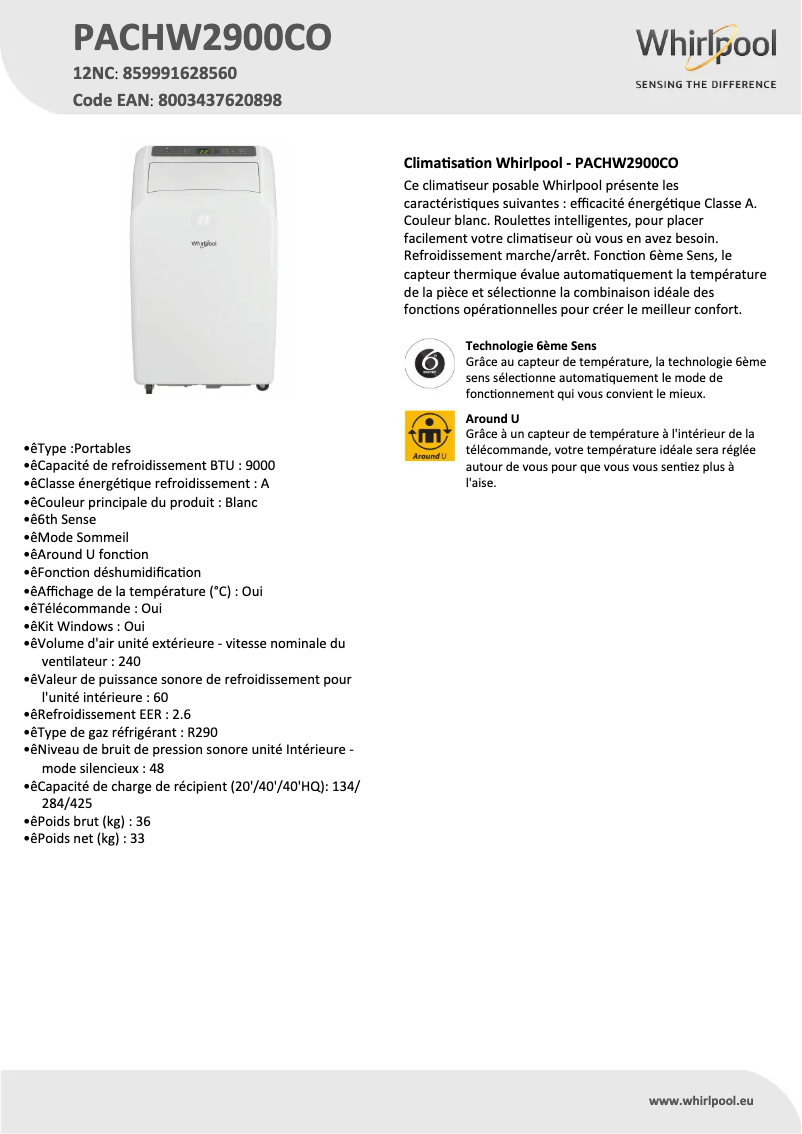 Page 1 de la notice Fiche technique Whirlpool PACHW2900CO