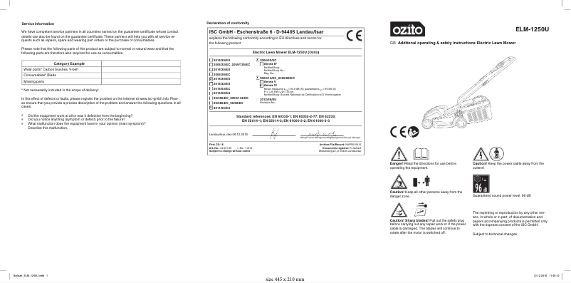 Page 1 de la notice Manuel utilisateur Ozito ELM-1250U