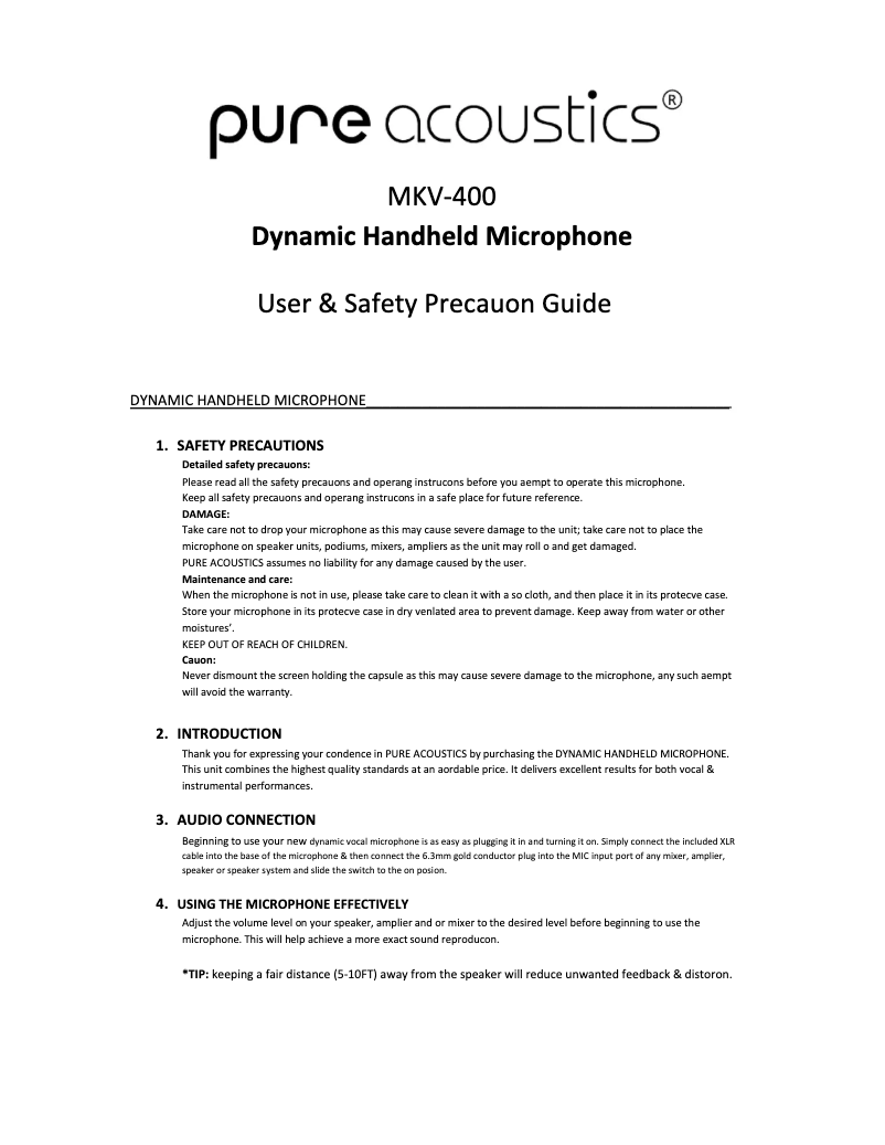 Page 1 de la notice Manuel utilisateur Pure Acoustics MKV 400