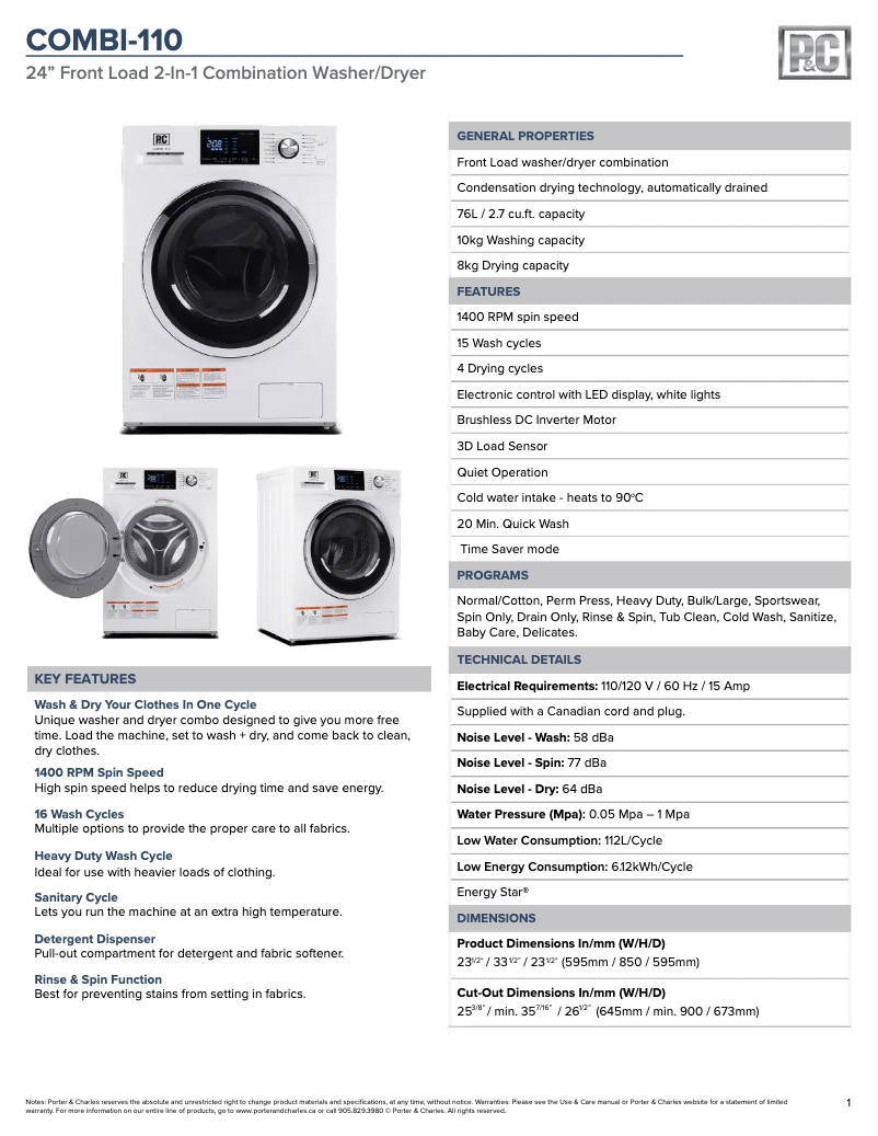Page 1 de la notice Fiche technique Porter & Charles COMBI-110